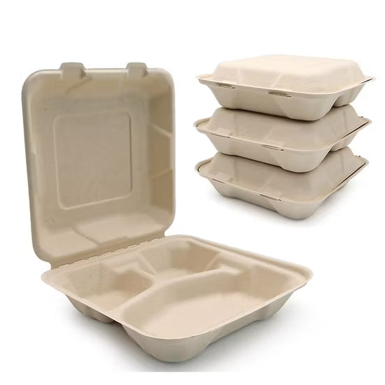 White Sugarcane Clamshell 9*6*3 Compartment-- 200 PCS